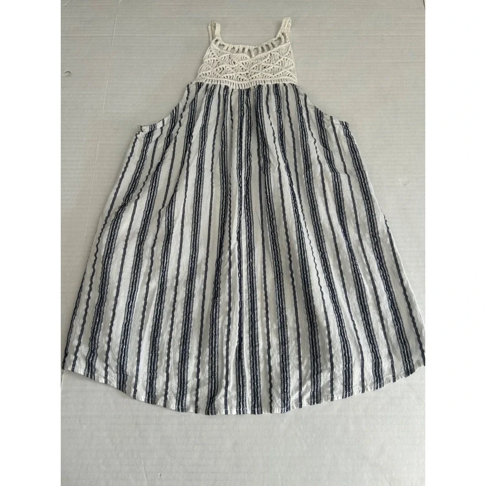 Knox Rose Macrame Fringe Striped Tank Top Size S Blue White Woven‎ Halter Boho